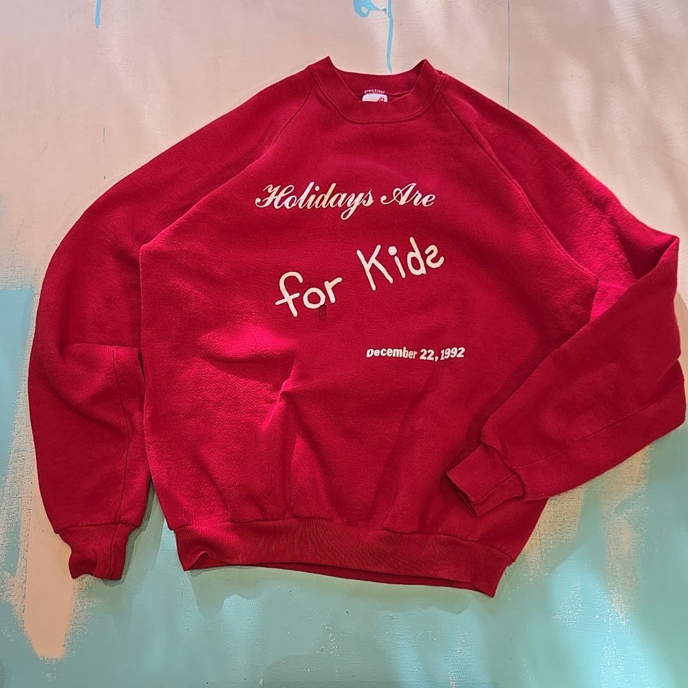 VTG 1992 Jerzees XL Crewneck Holidays Are 4 Kids Red Raglan Sweatshirt USA Flaws